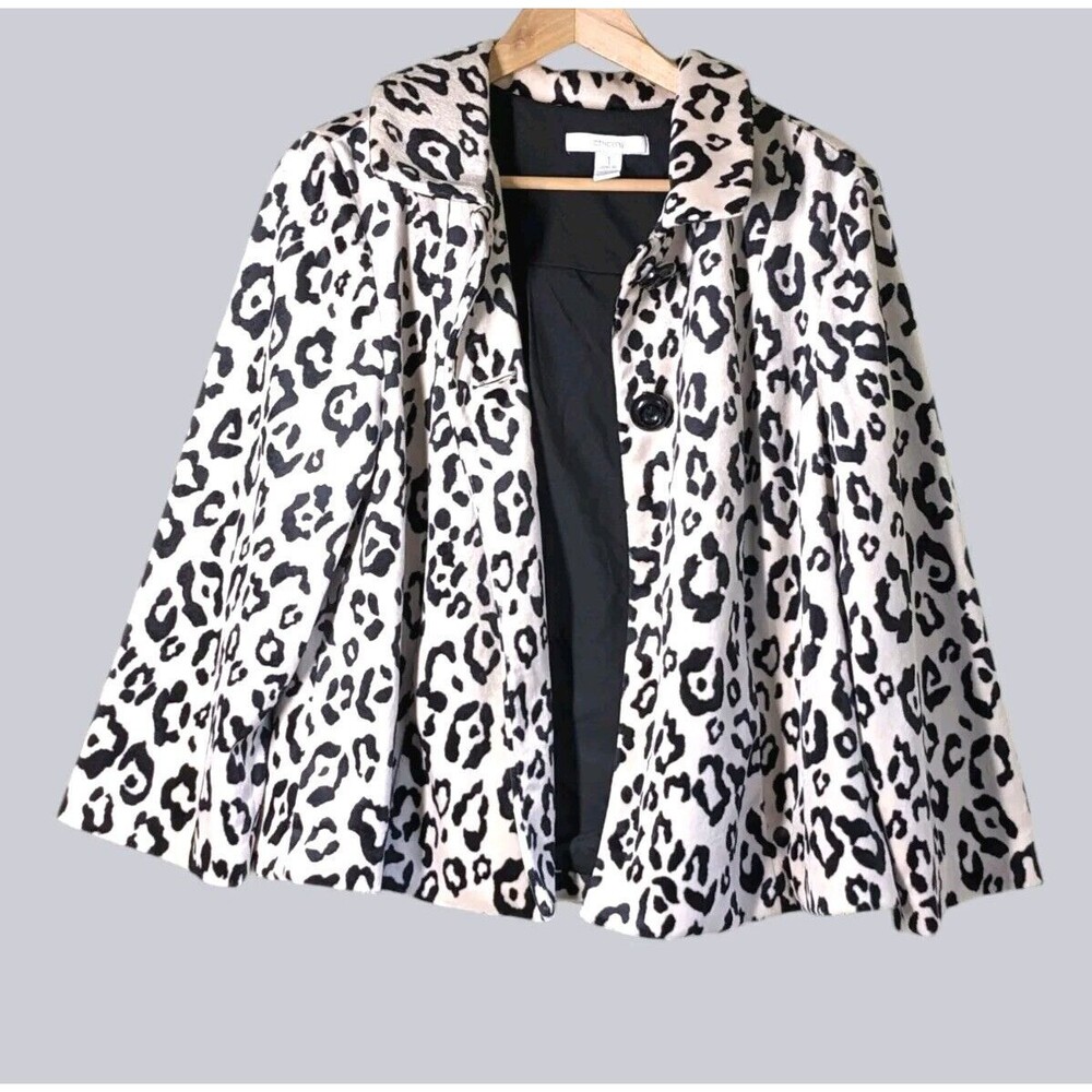Chico's Sz 1 Faux Fur Leopard Print Ivory Black Swing Velvet Cropped Jacket